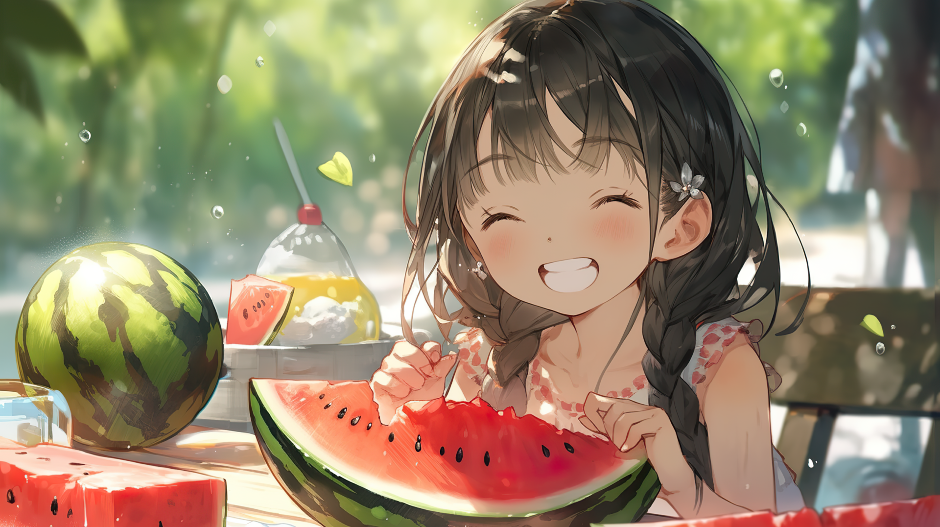 HD wallpaper of a joyful animated girl eating watermelon outdoors, featuring a sunny, watermelon-themed background.