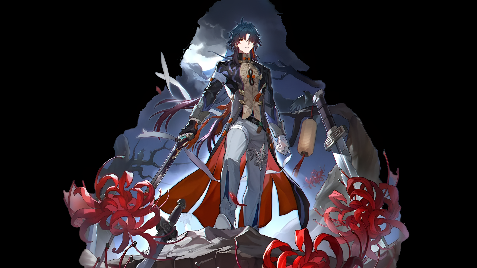 HD wallpaper of Blade from Honkai: Star Rail, featuring the character with a sword, surrounded by dynamic red floral designs and a mysterious, cloudy backdrop.