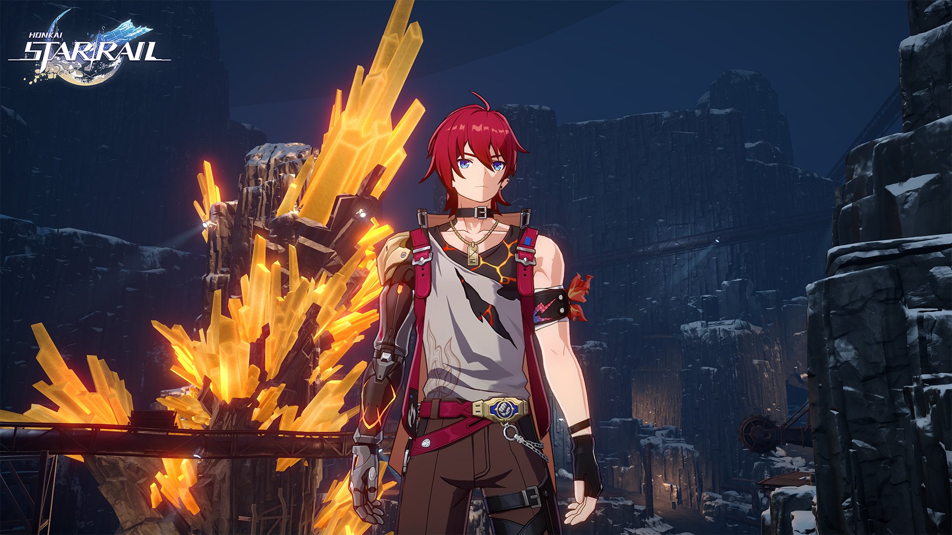 HD desktop wallpaper featuring Luka from Honkai: Star Rail, with a crystal-themed background and dynamic yellow effects.