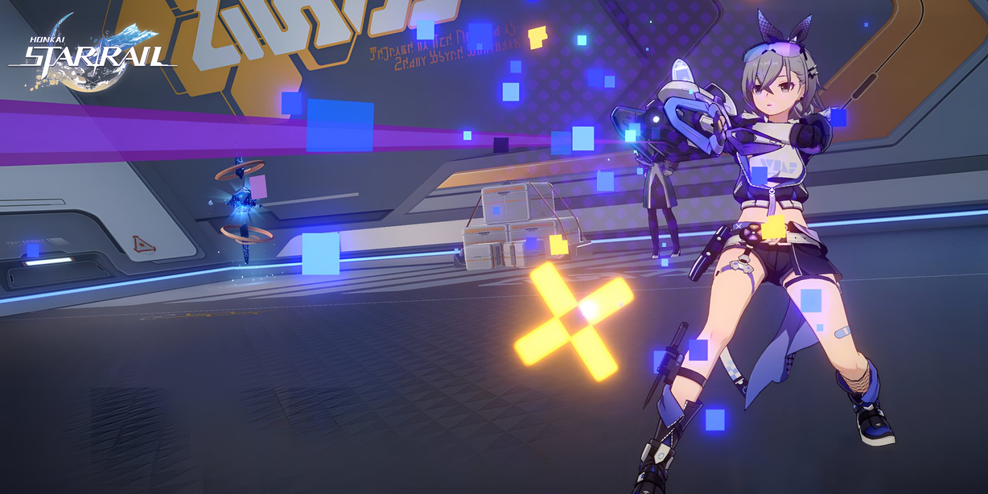 HD desktop wallpaper featuring Silver Wolf from Honkai: Star Rail, in a dynamic pose with a futuristic weapon on a sci-fi themed background.