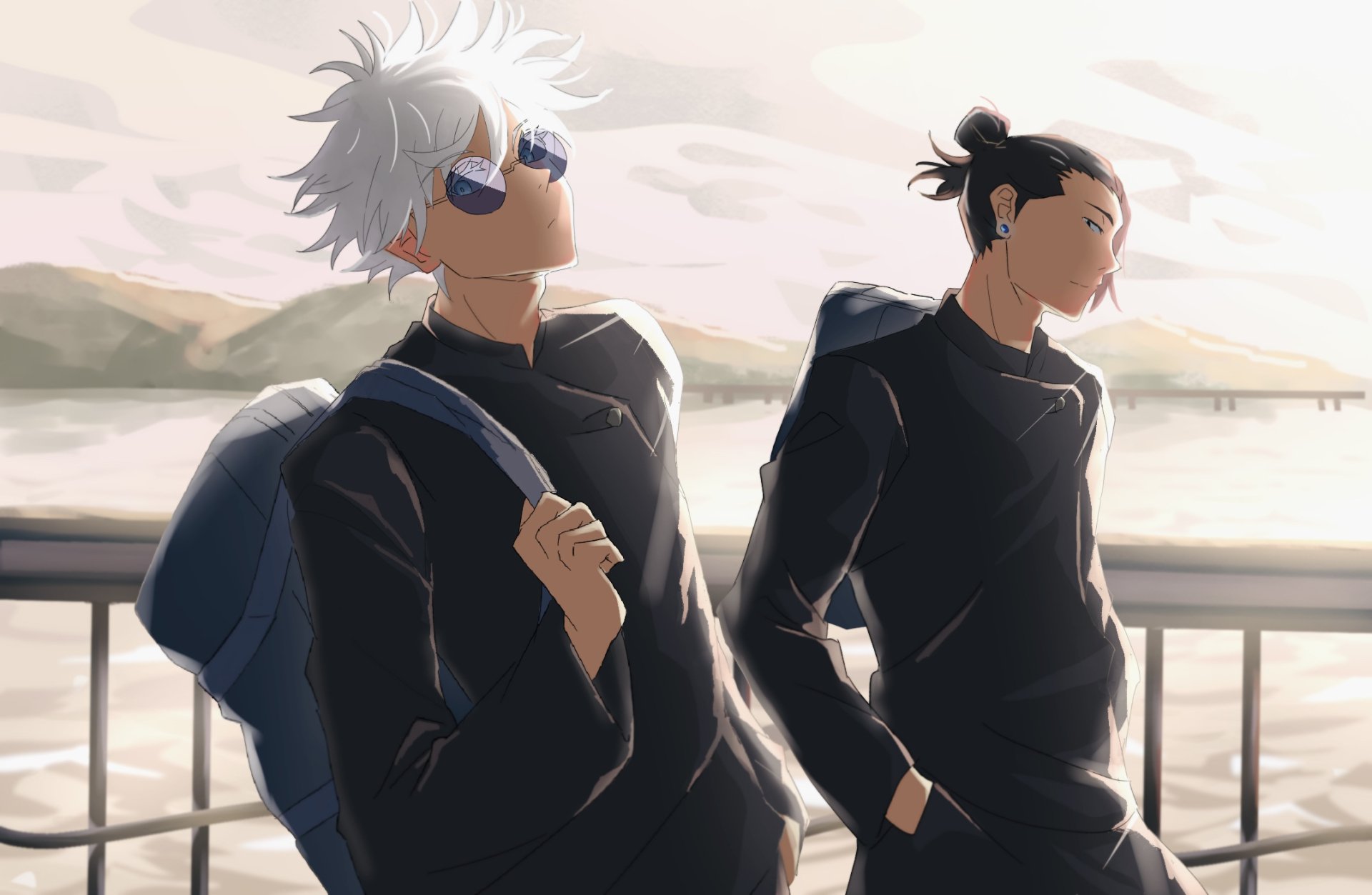 An HD desktop wallpaper featuring Satoru Gojo and Suguru Geto from the anime Jujutsu Kaisen, showcasing their distinct styles against a serene background.