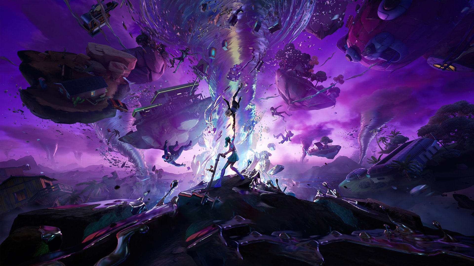 A vibrant 4K Ultra HD wallpaper featuring a cosmic scene from Fortnite, showcasing swirling purple hues and dynamic elements that create an immersive gaming atmosphere.