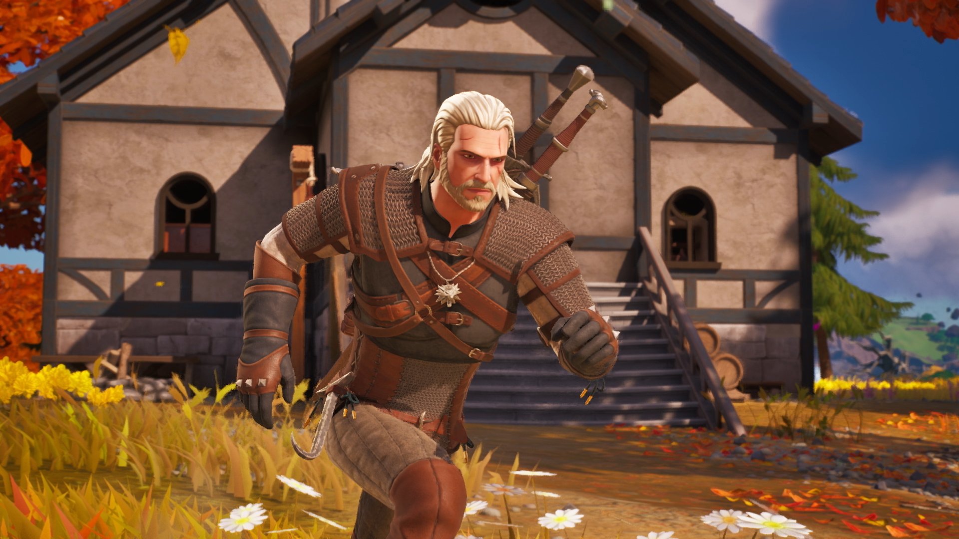 HD PC desktop wallpaper featuring a Fortnite character styled as Geralt of Rivia from The Witcher, set in a rustic village environment.