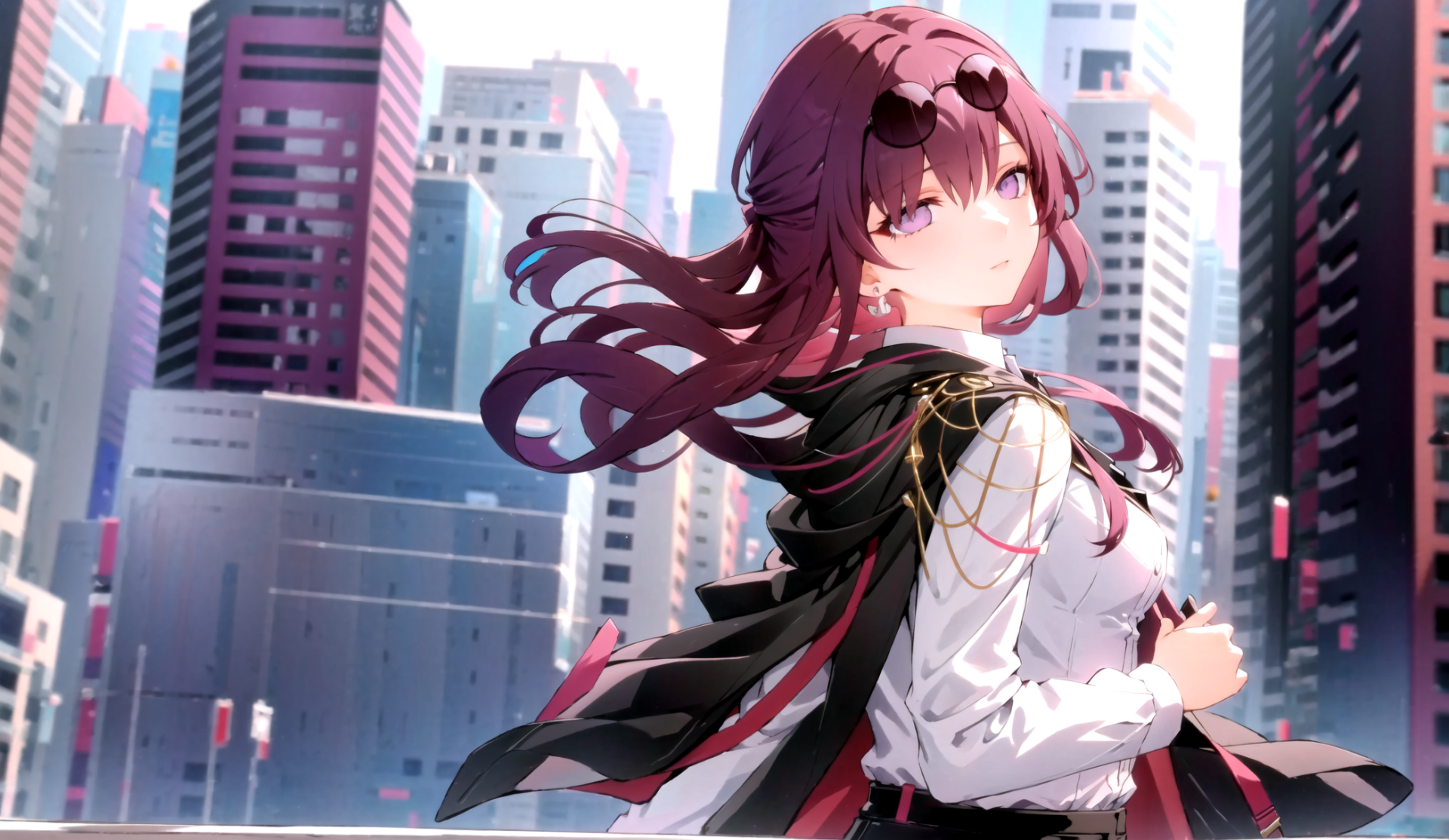 HD desktop wallpaper featuring Kafka from the video game Honkai: Star Rail, set against a vibrant cityscape backdrop.