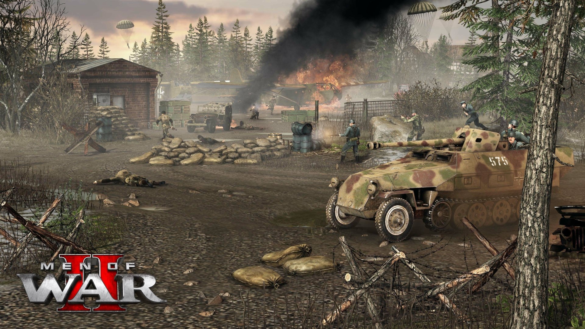 Men of War II HD desktop wallpaper featuring a dynamic battlefield scene with soldiers and an armored vehicle amidst forest terrain.