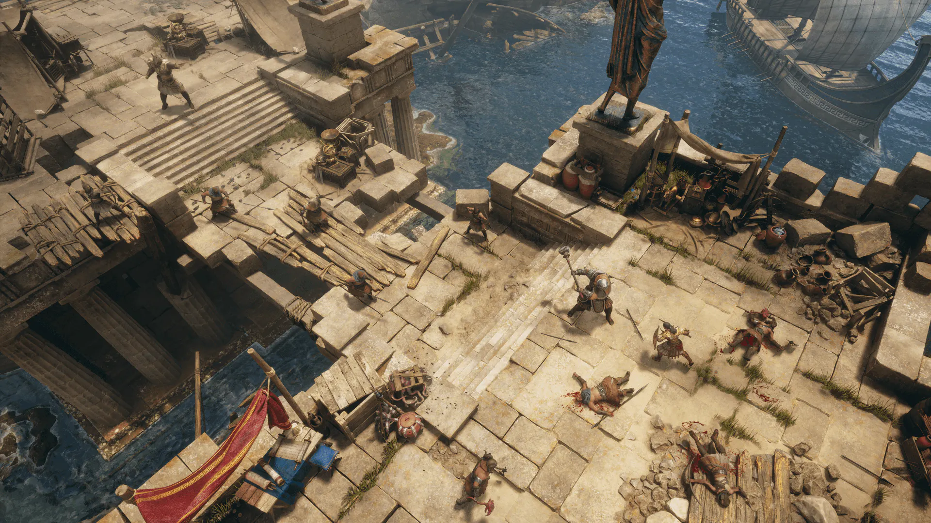 HD desktop wallpaper featuring Titan Quest II gameplay with ancient ruins and harbor view.