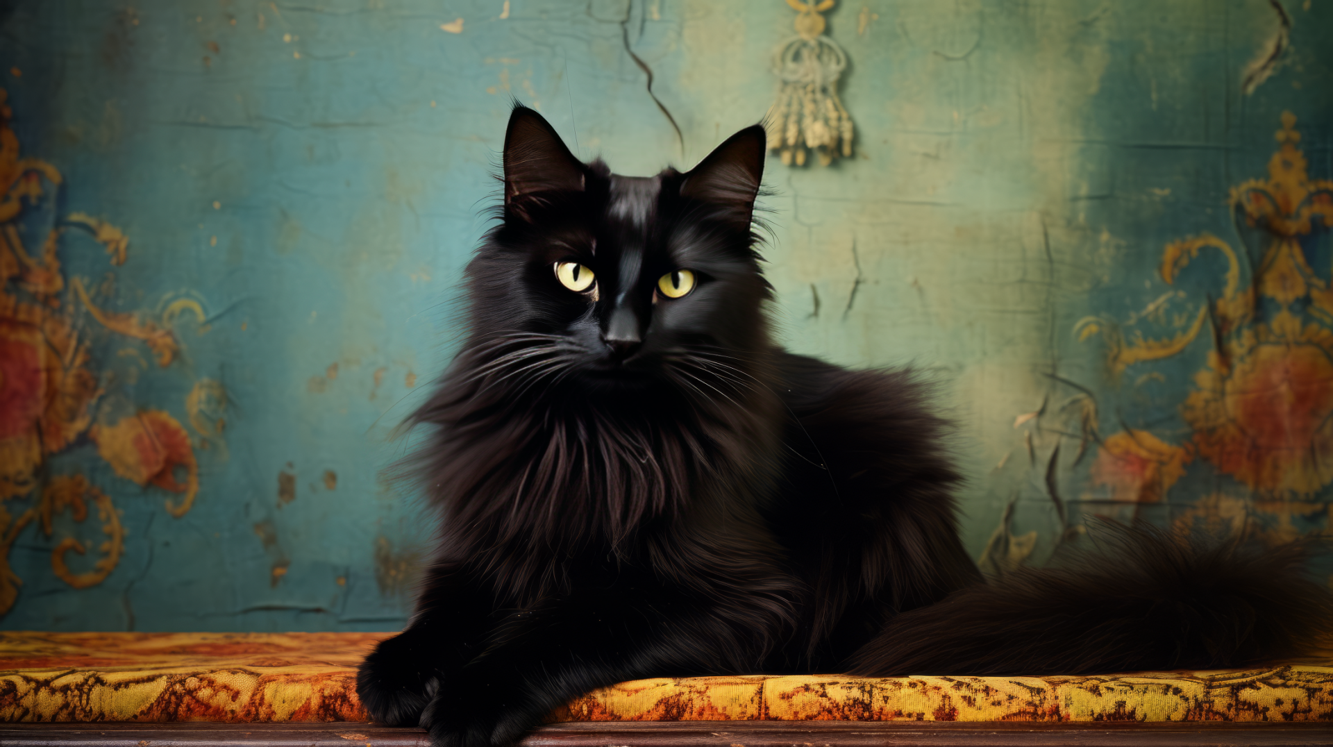 HD Desktop Wallpaper of a Majestic Black Cat with Bright Eyes on a Vintage Patterned Background.