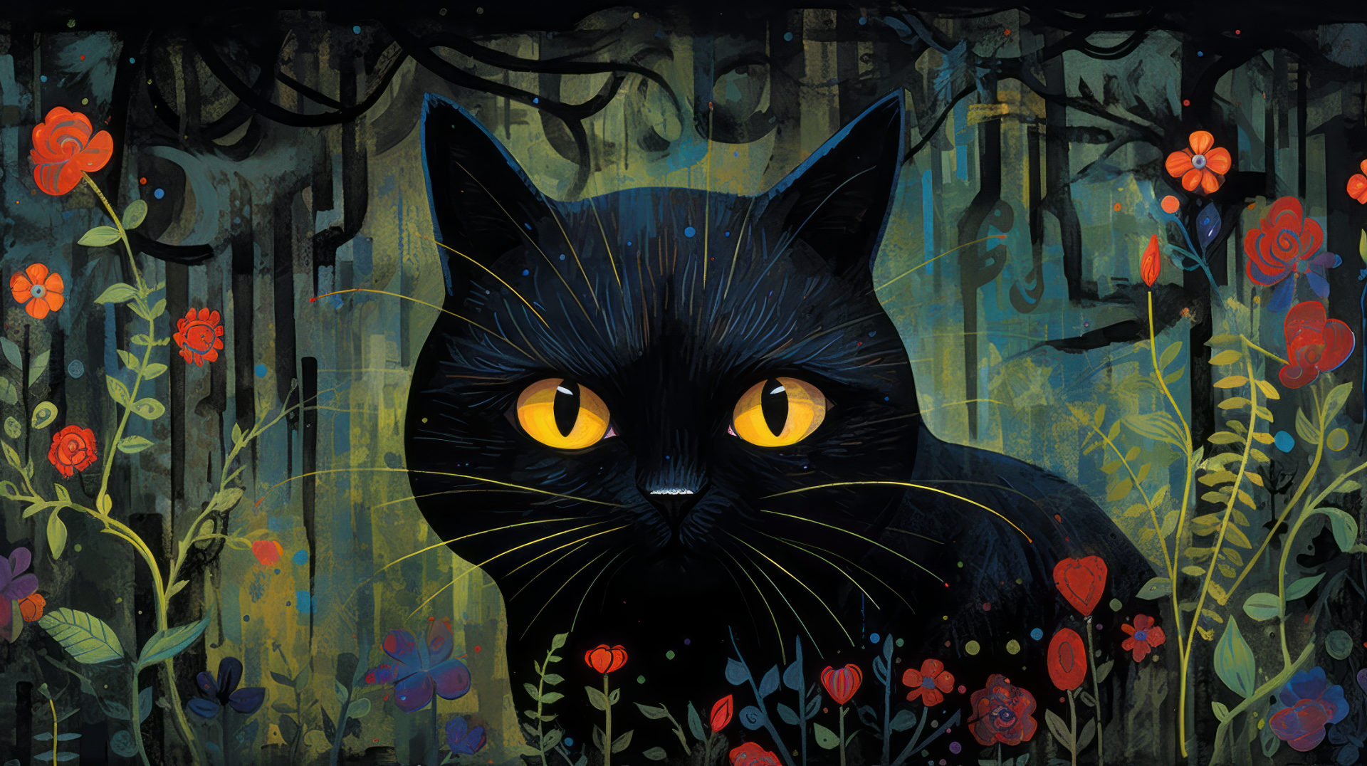 HD desktop wallpaper featuring an artistic illustration of a black cat with striking yellow eyes amidst a whimsical floral background.