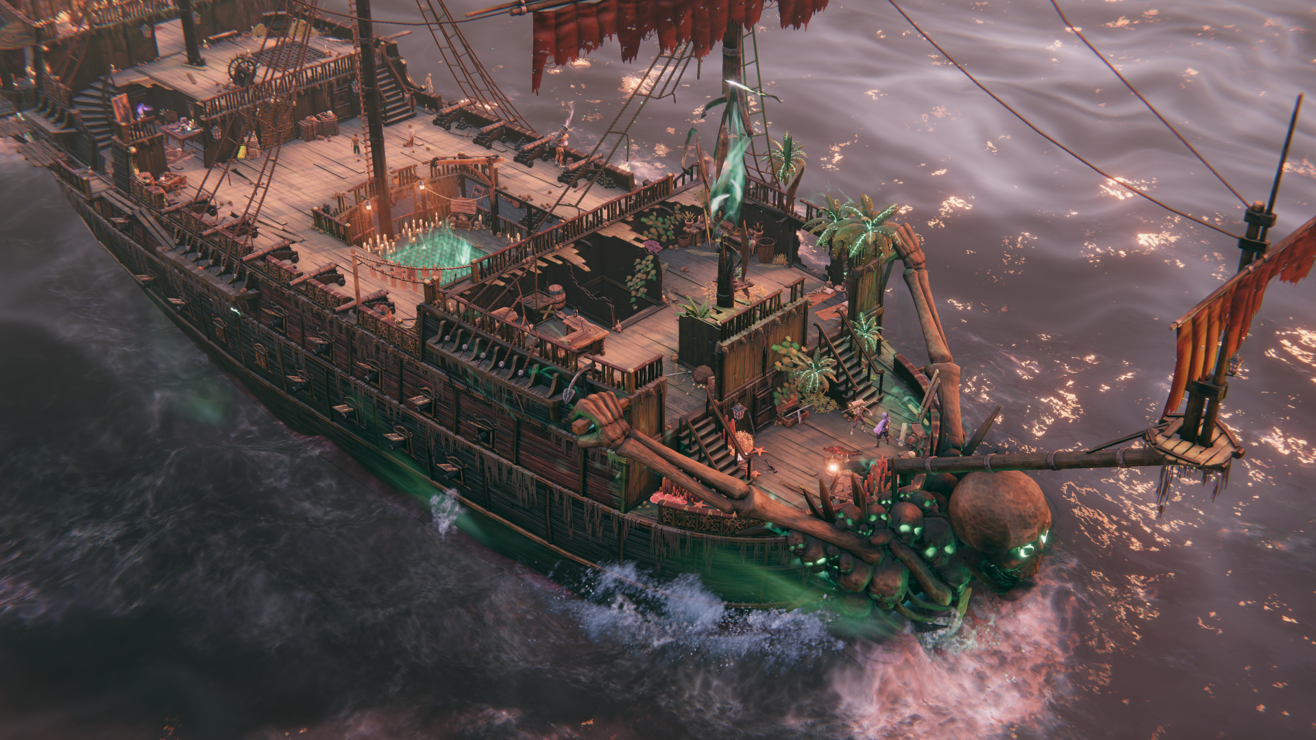 HD wallpaper of Shadow Gambit: The Cursed Crew game featuring an eerie pirate ship at sea.