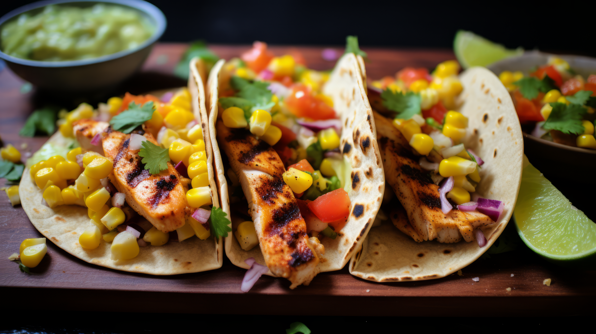 Three delicious fajitas filled with grilled chicken, corn, tomatoes, and onions are displayed on a wooden board, accompanied by lime wedges and a bowl of guacamole. Great HD desktop wallpaper.