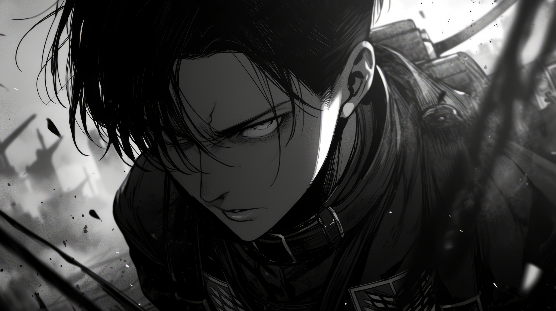 HD desktop wallpaper featuring Levi Ackerman from Attack on Titan manga, in a dynamic and intense black and white illustration.