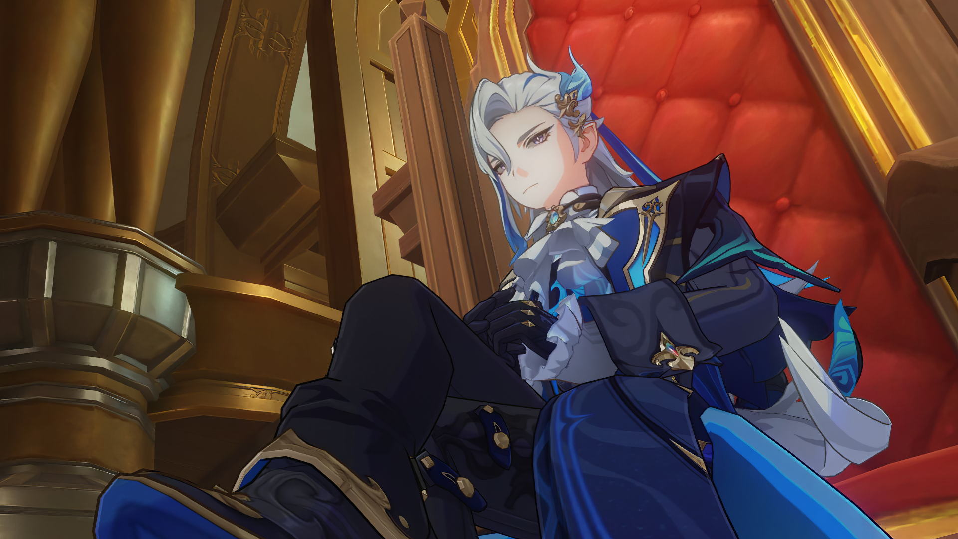 HD desktop wallpaper featuring Neuvillette from Genshin Impact in a regal pose with a luxurious red chair background.