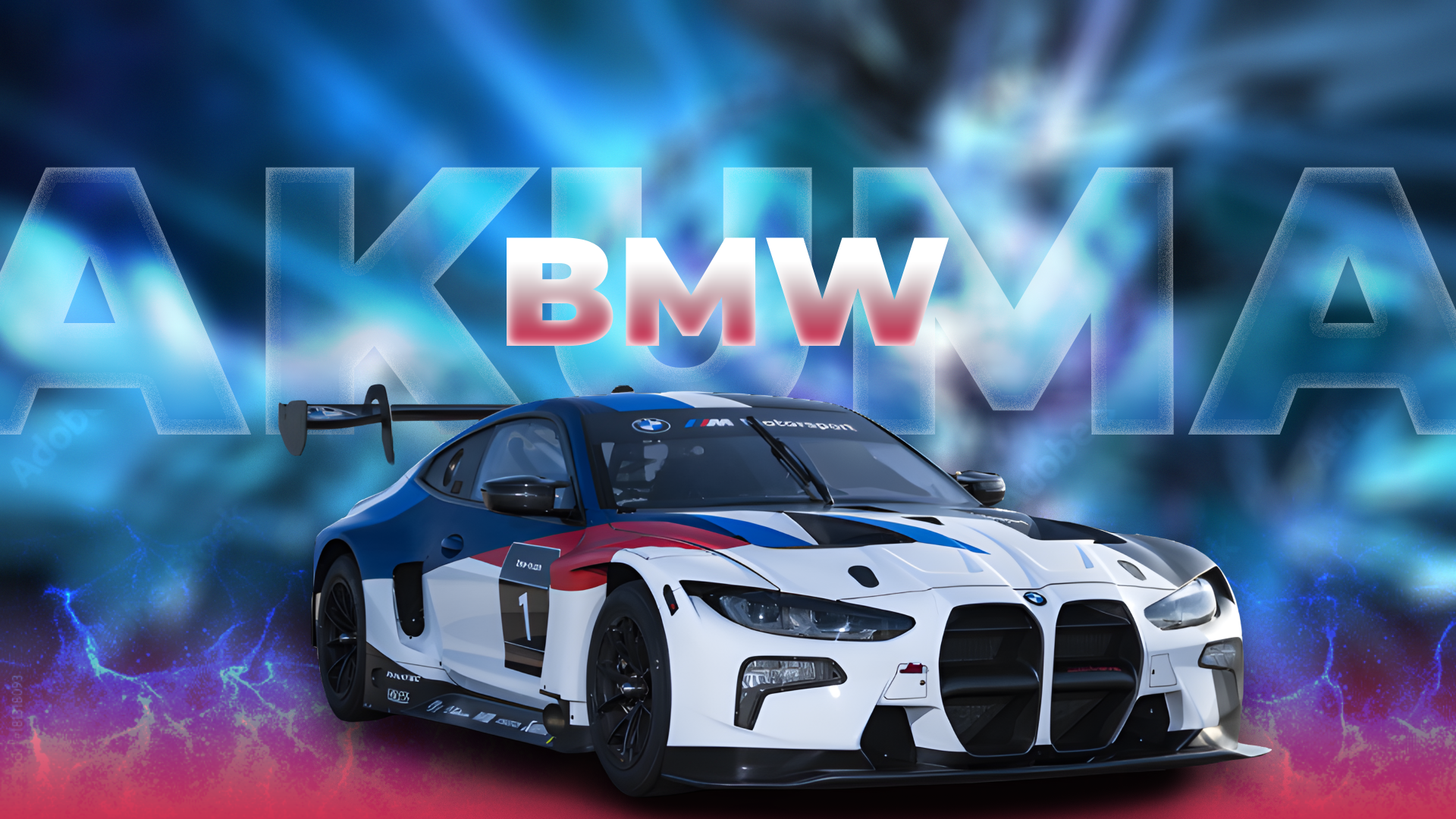 A sleek BMW M4 race car in white with blue and red accents, showcased in a dynamic 4K Ultra HD PC desktop wallpaper featuring bold BMW branding.