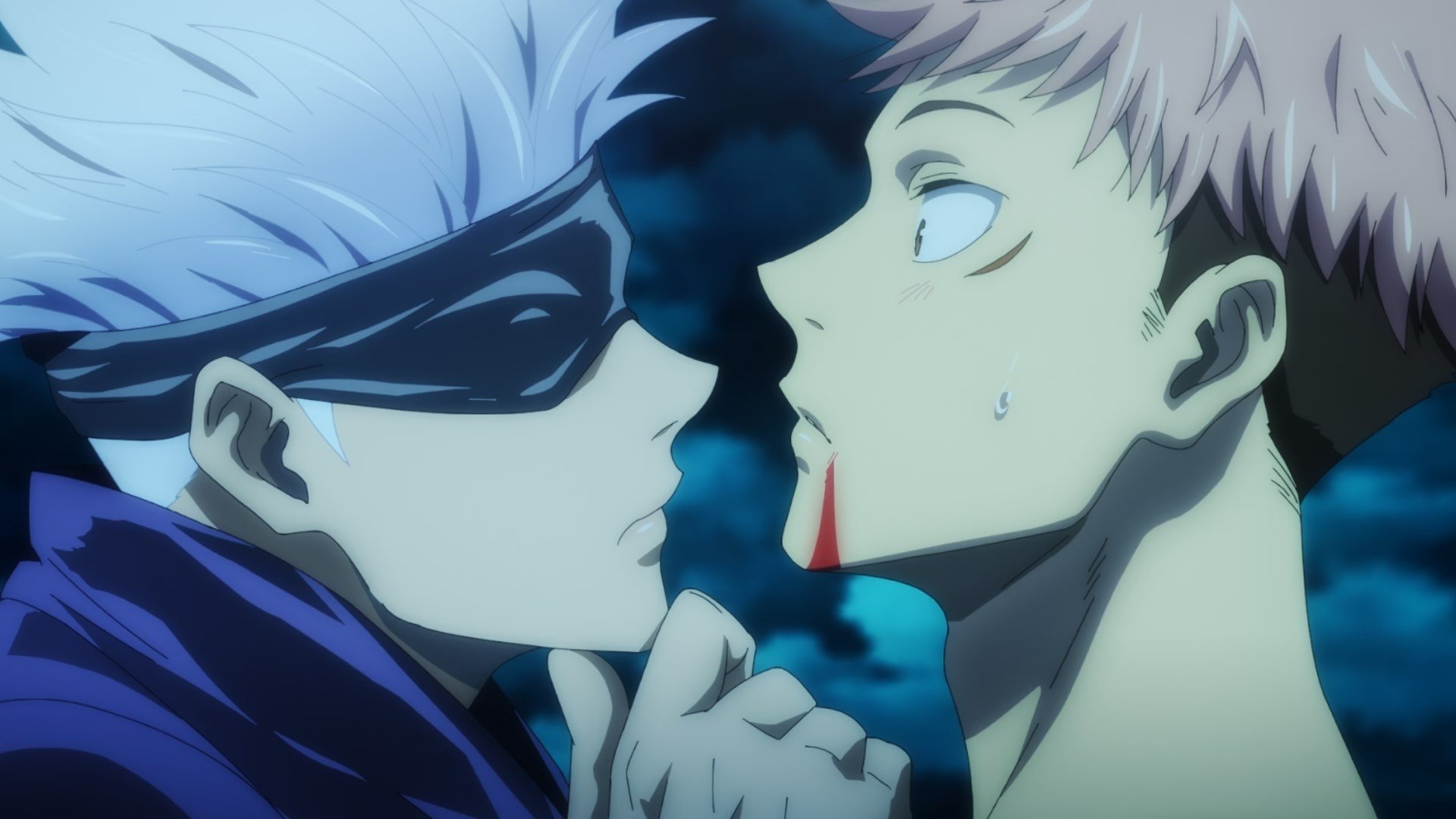HD PC desktop wallpaper featuring an intense close-up scene from the anime Jujutsu Kaisen, showcasing two main characters in a dramatic moment.