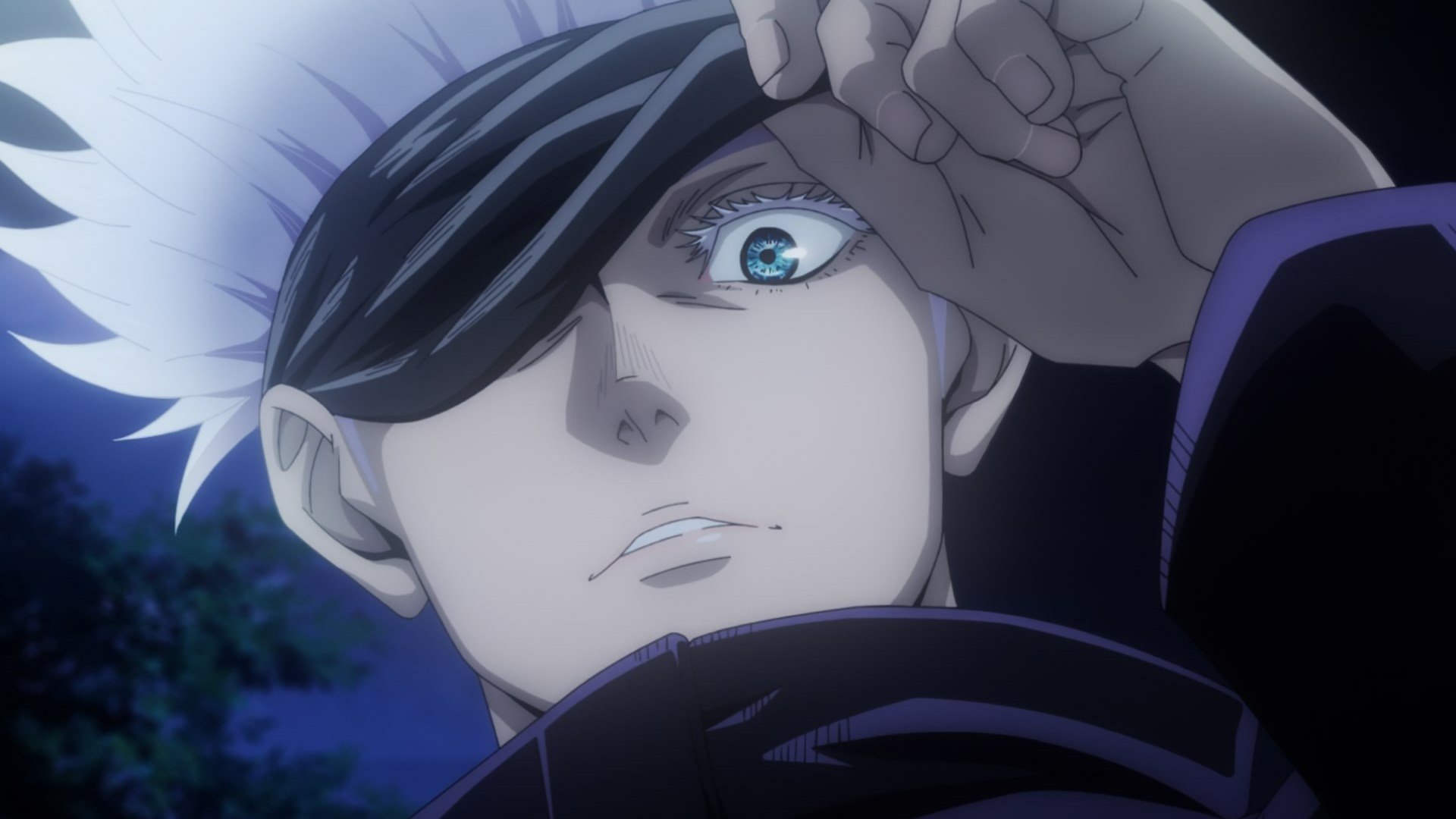HD PC desktop wallpaper featuring an intense close-up of Satoru Gojo from the anime Jujutsu Kaisen, showcasing his distinctive blindfold and striking blue eye.