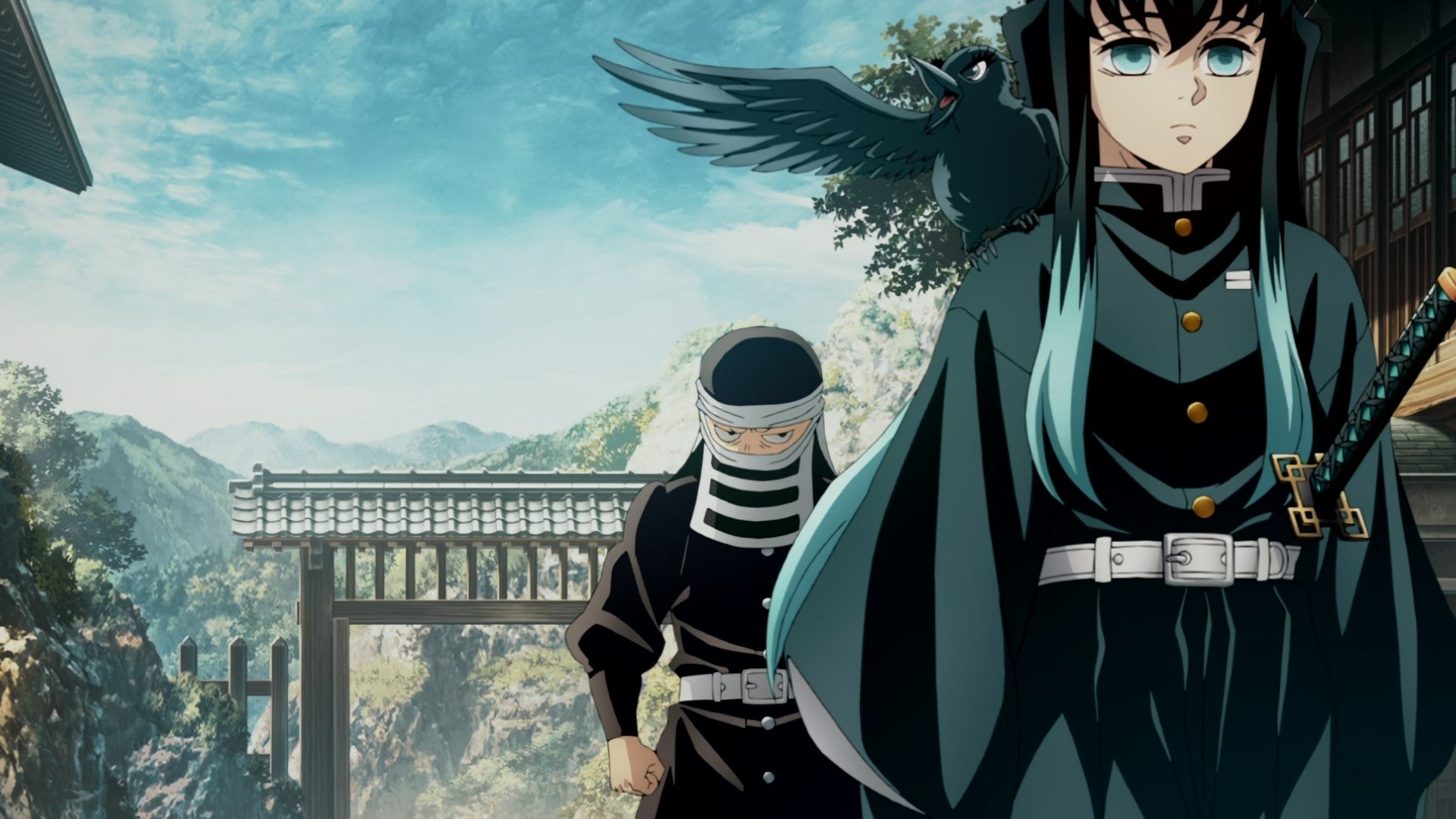 HD PC desktop wallpaper featuring characters from the anime Demon Slayer: Kimetsu no Yaiba, set against a scenic background with a torii gate and mountains.