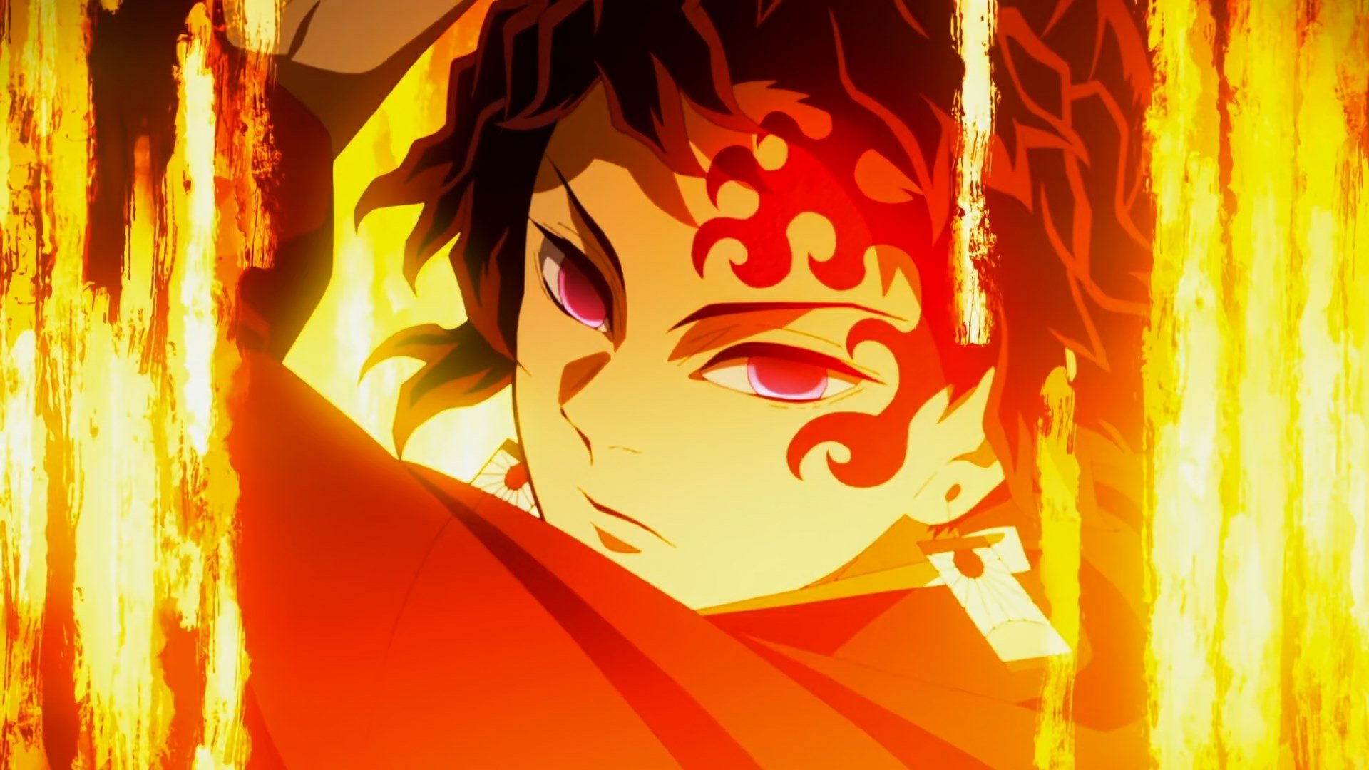 Anime character from Demon Slayer: Kimetsu no Yaiba framed by vibrant flames in an intense HD desktop wallpaper background.
