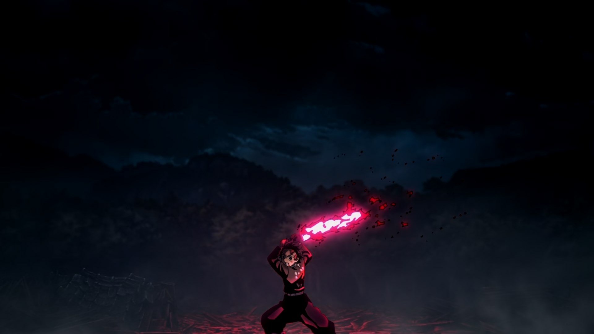 HD PC desktop wallpaper featuring a dynamic scene from the anime Demon Slayer: Kimetsu no Yaiba, with a character wielding a glowing red sword against a dark, stormy backdrop.