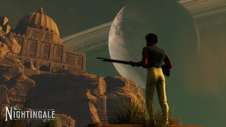 HD wallpaper featuring a character overlooking a landscape with a palace and giant planets, titled Nightingale.
