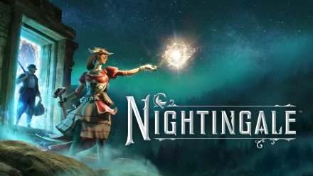 HD desktop wallpaper featuring a fantasy-themed illustration from 'Nightingale', depicting characters in a mystical forest environment with one character holding a glowing orb.