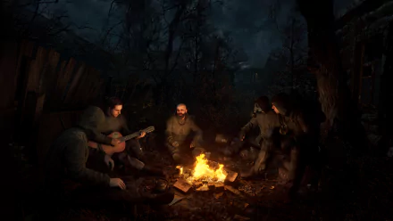 HD wallpaper featuring a group of S.T.A.L.K.E.R. 2: Heart of Chernobyl characters gathered around a campfire in a dark, post-apocalyptic setting, suitable as a desktop background.