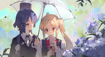 Nijika Ijichi and Ryou Yamada from the anime Bocchi the Rock! share a moment under an umbrella in this vibrant 8K Ultra HD PC desktop wallpaper.