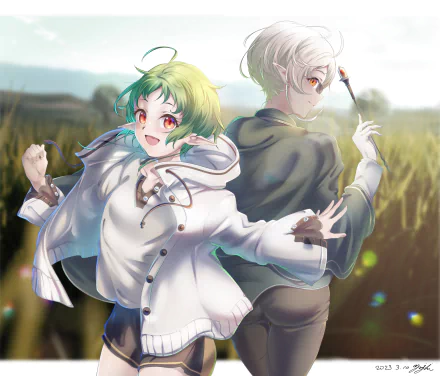 HD anime desktop wallpaper featuring Sylphiette and Rudeus from Mushoku Tensei: Jobless Reincarnation in a serene outdoor setting.