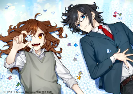 HD desktop wallpaper featuring Hori Kyouko and Izumi Miyamura from Horimiya: The Missing Pieces, with playful poses and a vibrant puzzle piece background.