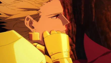 HD desktop wallpaper featuring a contemplative character from Fate/strange fake, with a warm golden and red background.
