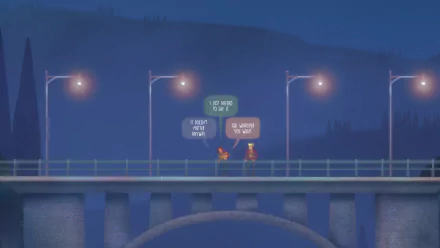 Oxenfree II: Lost Signals HD wallpaper featuring two characters on a bridge with dialogue options above their heads, set against a mystical night backdrop.