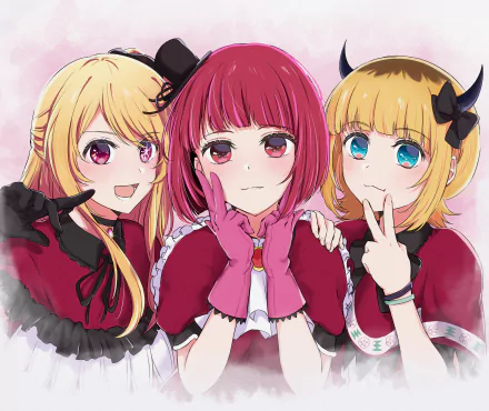 HD anime wallpaper featuring Mem-Cho, Kana Arima, and Ruby Hoshino from Oshi no Ko, showcasing vibrant colors and detailed character design.