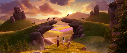 HD wallpaper featuring a serene scene from 'Mavka: The Forest Song' with mystical stone formations and characters basking in the golden sunlight amidst a colorful valley.