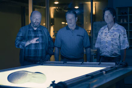 Three men examine a glowing surface, surrounded by dim lighting, capturing a scene from the movie Air. This HD image serves as a striking desktop wallpaper and background.