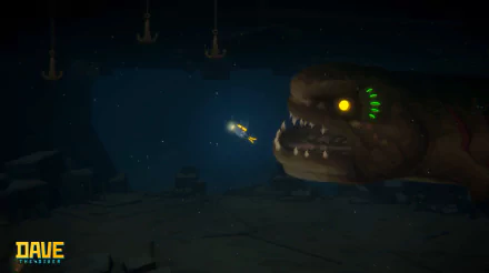 HD desktop wallpaper featuring a scene from Dave the Diver game with a diver facing a large, menacing deep-sea creature in an underwater environment.