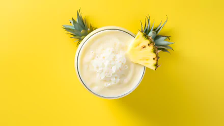 HD desktop wallpaper featuring a creamy Piña Colada garnished with pineapple slices on a vibrant yellow background.