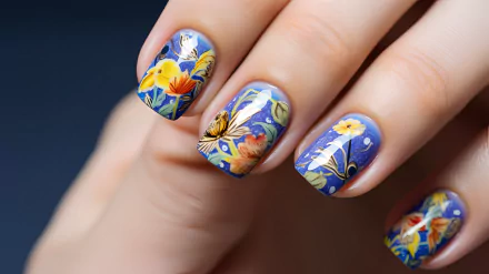 Close-up of a woman's hand showcasing vibrant summer nails adorned with floral patterns on a blue background, serving as an HD desktop wallpaper.