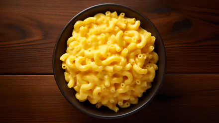 A close-up view of creamy mac and cheese in a dark bowl, set against a rustic wooden background, makes for an enticing HD desktop wallpaper.