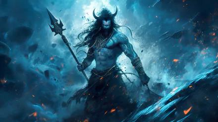 HD desktop wallpaper depicting a dynamic artistic representation of the Hindu deity Shiva, portrayed as Mahadev in a powerful stance with a trident, amidst a mystical blue storm.