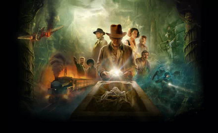 8K Ultra HD PC desktop wallpaper for the movie Indiana Jones and the Dial of Destiny: Indiana Jones in his hat holds a glowing dial amid trains, jungle ruins, allies and action-packed scenes.