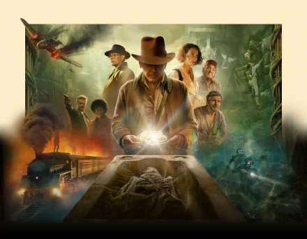 8K Ultra HD desktop wallpaper featuring Indiana Jones and the Dial of Destiny, showcasing iconic characters and adventurous scenes from the movie.