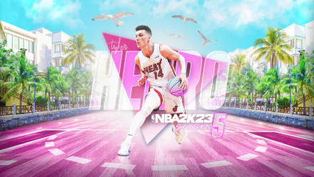 HD desktop wallpaper of Tyler Herro in NBA 2K23, featuring a vibrant, stylized court setting with tropical elements and game branding.