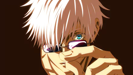 HD desktop wallpaper of Satoru Gojo from the anime Jujutsu Kaisen, featuring his iconic white hair and blue eyes, adjusting his sunglasses against a dark background.