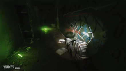 HD desktop wallpaper from the video game Escape from Tarkov, featuring a dark, graffiti-covered hallway illuminated by green lights.