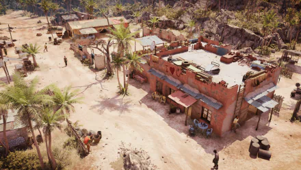 HD desktop wallpaper featuring a detailed scene from Jagged Alliance 3 showcasing a bustling, sunlit mercenary base in a rugged village setting.