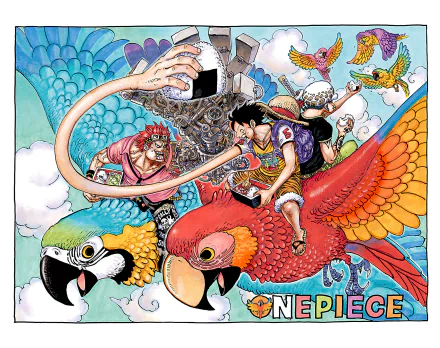 HD wallpaper featuring the Monster Trio from One Piece: Trafalgar Law, Monkey D. Luffy, and Eustass Kid, illustrated amidst vibrant and mythical birds.