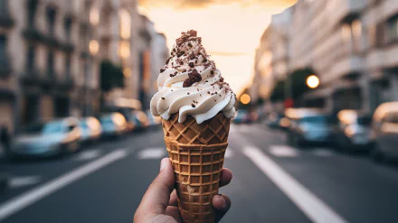 HD Desktop Wallpaper featuring AI Art of a hand holding a delicious ice cream cone with a blurred city street background.