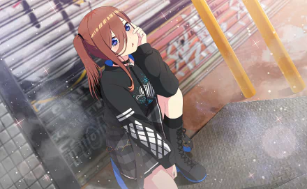 Anime character Miku Nakano from The Quintessential Quintuplets poses in a stylish outfit against an urban backdrop in this 4K Ultra HD PC desktop wallpaper.