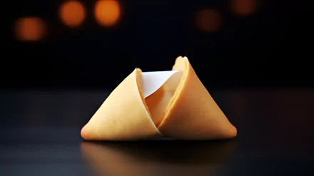 HD desktop wallpaper of a fortune cookie with a message peeking out, set against a softly blurred background with warm lighting.