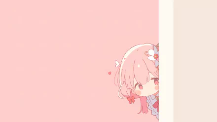 HD desktop wallpaper featuring a cute, kawaii-style artistic illustration of a character with pink hair peeking from the side on a soft pink background.