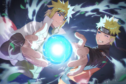 HD anime wallpaper featuring Minato Namikaze and Naruto Uzumaki from Naruto, both performing the iconic Rasengan technique with glowing energy effects.